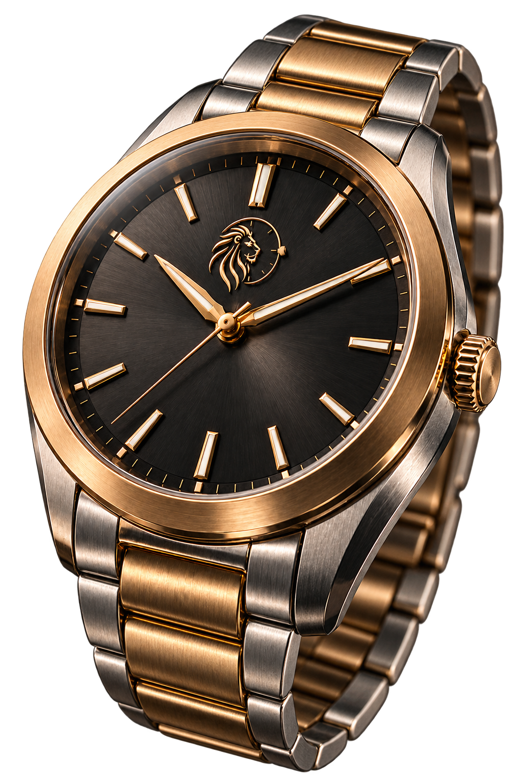 A gold watch featuring the Rumi lion emblem, shown in close detail.